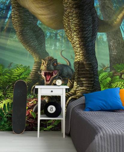 papier peint mural de dinosaure vert pour enfants appelé Wee Rex par Jerry LoFaro pour les chambres d'enfants et les salles de jeux