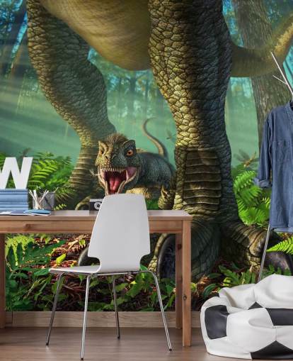 Jerry LoFaron vihreiden lasten dinosaurusten taustakuvamaalaus nimeltä Wee Rex lasten makuuhuoneisiin ja leikkihuoneisiin