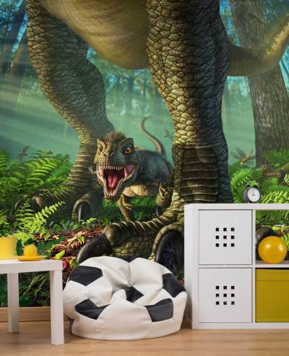 mural verde de papel de parede de dinossauro infantil chamado Wee Rex de Jerry LoFaro para quartos infantis e salas de jogos