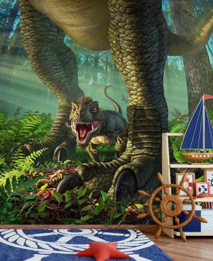 green kids dinosaur wallpaper mural called Wee Rex by Jerry LoFaro for kids bedrooms and playrooms