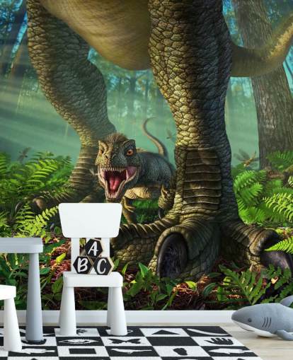 gröna barns dinosaurie tapetväggmålning som heter Wee Rex av Jerry LoFaro för barnens sovrum och lekrum gröna barns dinosaurie tapetväggmålning som heter Wee Rex av Jerry LoFaro för barnens sovrum och lekrum