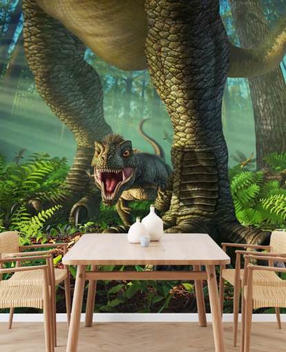 green kids dinosaur wallpaper mural called Wee Rex by Jerry LoFaro for kids bedrooms and playrooms