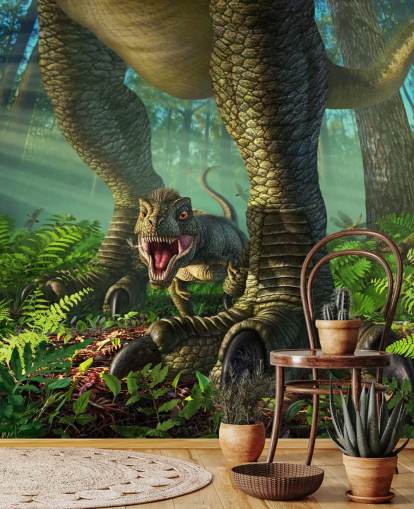 green kids dinosaur wallpaper mural called Wee Rex by Jerry LoFaro for kids bedrooms and playrooms