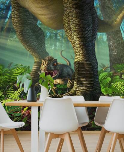 green kids dinosaur wallpaper mural called Wee Rex by Jerry LoFaro for kids bedrooms and playrooms