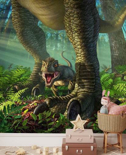 grønne børns dinosaur tapetmaleri kaldet Wee Rex af Jerry LoFaro til børns soveværelser og legerum
