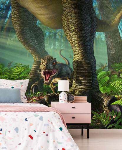 grüne Dinosaurier-Tapete für Kinder namens Wee Rex von Jerry LoFaro für Kinder- und Spielzimmer
