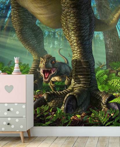 green kids dinosaur wallpaper mural called Wee Rex by Jerry LoFaro for kids bedrooms and playrooms