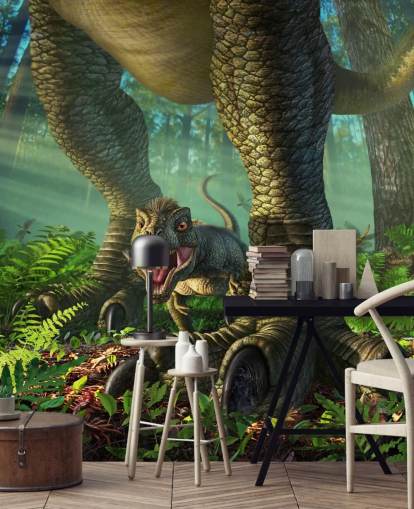 green kids dinosaur wallpaper mural called Wee Rex by Jerry LoFaro for kids bedrooms and playrooms