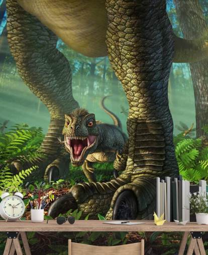 green kids dinosaur wallpaper mural called Wee Rex by Jerry LoFaro for kids bedrooms and playrooms