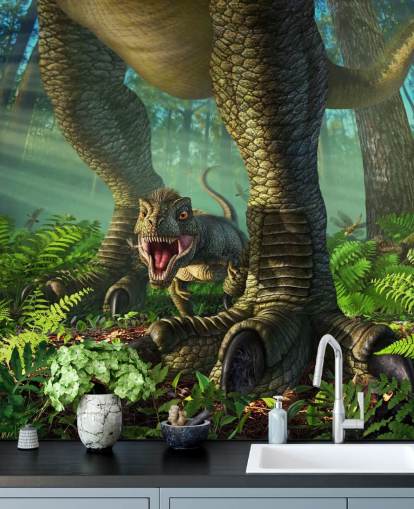 green kids dinosaur wallpaper mural called Wee Rex by Jerry LoFaro for kids bedrooms and playrooms