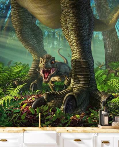 papier peint mural de dinosaure vert pour enfants appelé Wee Rex par Jerry LoFaro pour les chambres d'enfants et les salles de jeux