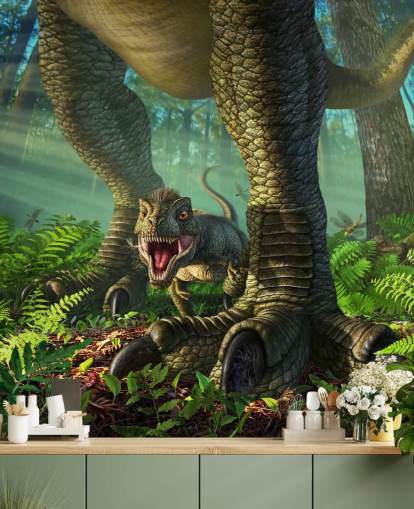 Jerry LoFaron vihreiden lasten dinosaurusten taustakuvamaalaus nimeltä Wee Rex lasten makuuhuoneisiin ja leikkihuoneisiin