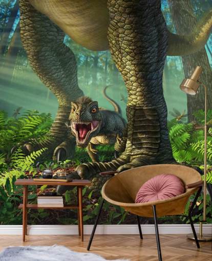 carta da parati murale verde per bambini chiamata Wee Rex di Jerry LoFaro per camerette e sale giochi per bambini