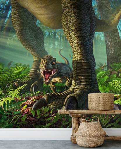 green kids dinosaur wallpaper mural called Wee Rex by Jerry LoFaro for kids bedrooms and playrooms
