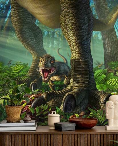 green kids dinosaur wallpaper mural called Wee Rex by Jerry LoFaro for kids bedrooms and playrooms
