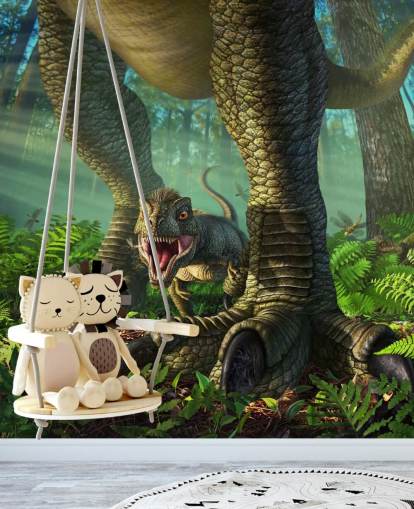 gröna barns dinosaurie tapetväggmålning som heter Wee Rex av Jerry LoFaro för barnens sovrum och lekrum