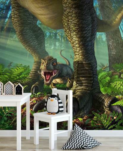 green kids dinosaur wallpaper mural called Wee Rex by Jerry LoFaro for kids bedrooms and playrooms