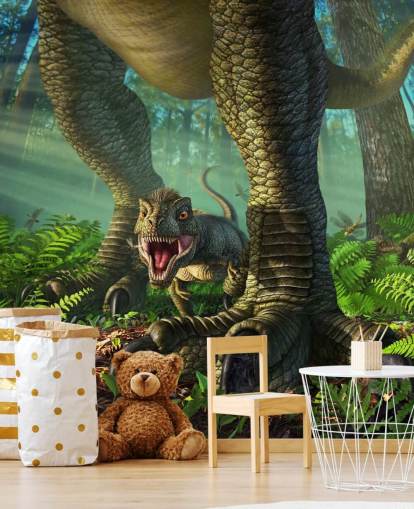 mural verde de papel de parede de dinossauro infantil chamado Wee Rex de Jerry LoFaro para quartos infantis e salas de jogos