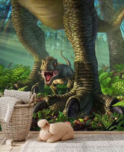 grønne børns dinosaur tapetmaleri kaldet Wee Rex af Jerry LoFaro til børns soveværelser og legerum