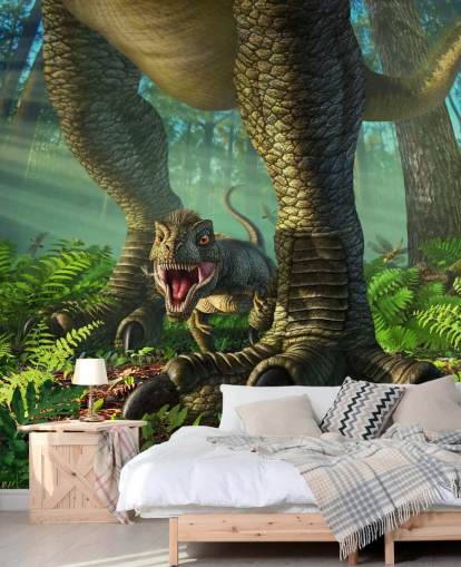 papier peint mural de dinosaure vert pour enfants appelé Wee Rex par Jerry LoFaro pour les chambres d'enfants et les salles de jeux