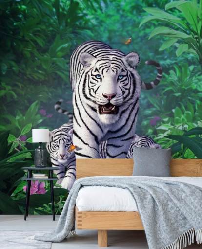 Witte tijger en welpen muurschildering