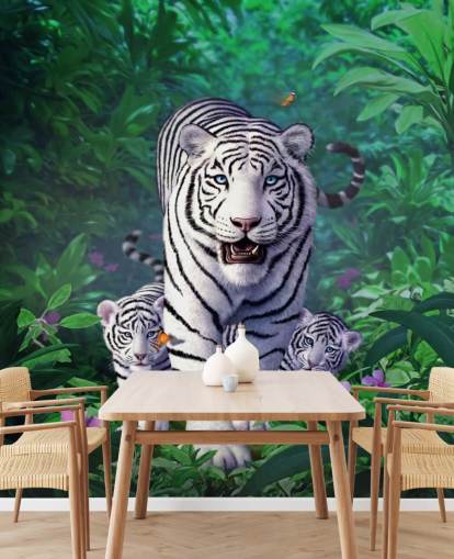 Mural de parede de tigre branco e filhotes