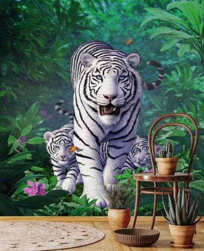 Mural de pared Tigre y cachorros blancos