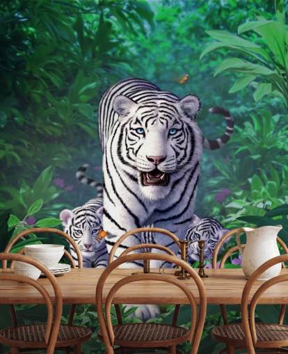 Decorazione murale con tigre bianca e cuccioli