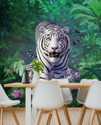 Mural de pared Tigre y cachorros blancos Mural de pared Tigre y cachorros blancos