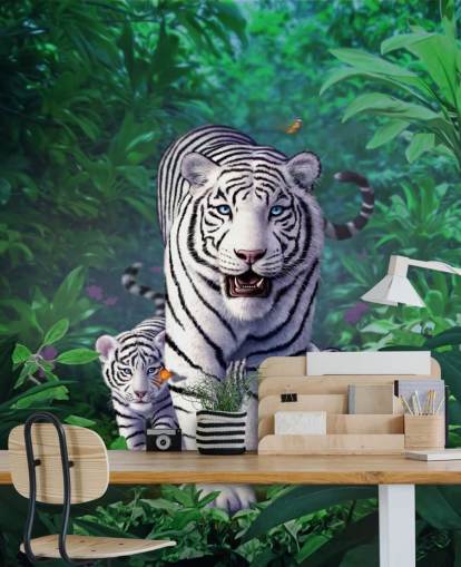 Papier Peint Fresque Tigre blanc et petits Papier Peint Fresque Tigre blanc et petits