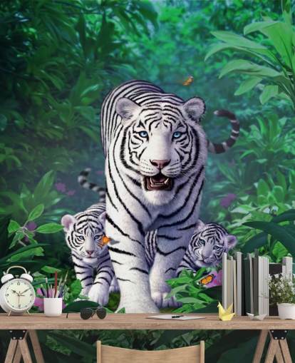 White Tiger and Cubs Wall Mural White Tiger and Cubs Wall Mural
