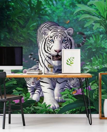Mural de pared Tigre y cachorros blancos