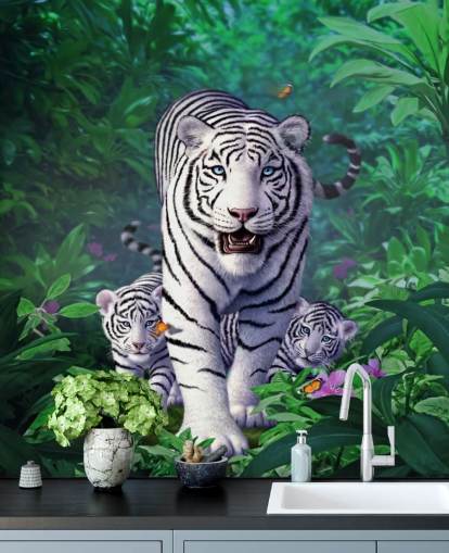 Mural de pared Tigre y cachorros blancos Mural de pared Tigre y cachorros blancos
