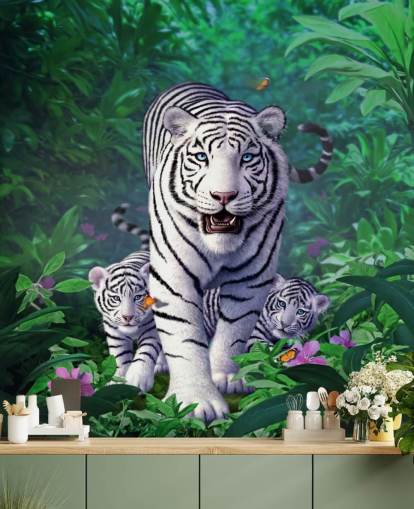 Hvid Tiger og Cubs Vægmaleri