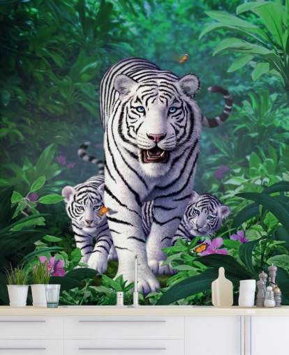 Mural de pared Tigre y cachorros blancos