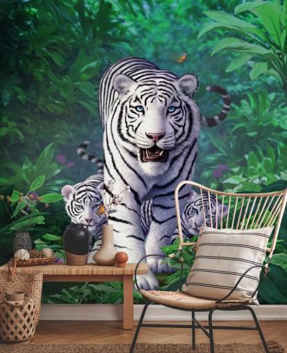 Mural de parede de tigre branco e filhotes Mural de parede de tigre branco e filhotes