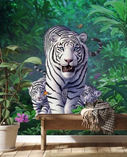 Papier Peint Fresque Tigre blanc et petits