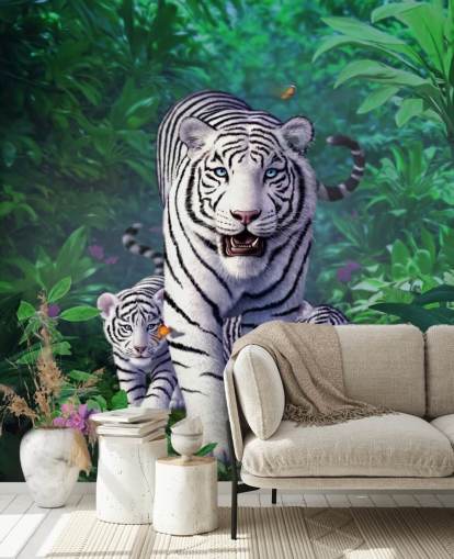 Mural de pared Tigre y cachorros blancos