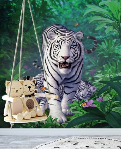 Decorazione murale con tigre bianca e cuccioli