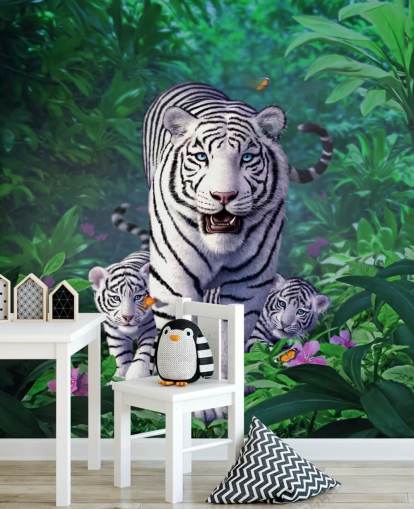 Mural de pared Tigre y cachorros blancos Mural de pared Tigre y cachorros blancos
