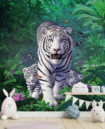 Decorazione murale con tigre bianca e cuccioli