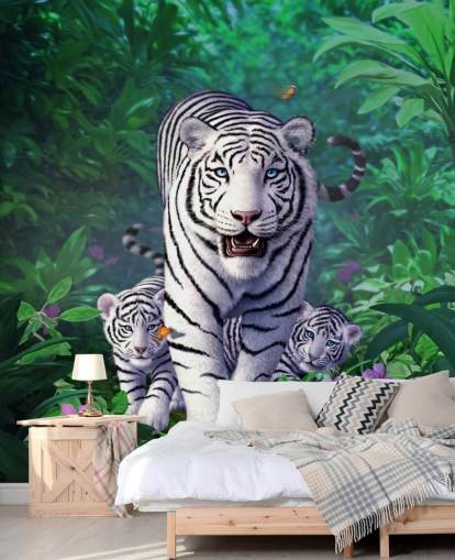 Mural de pared Tigre y cachorros blancos