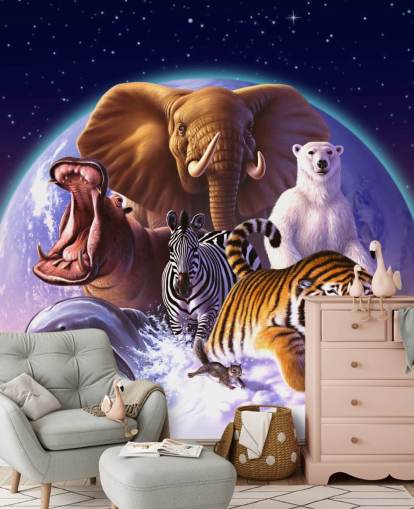 Muurschildering over olifanten en andere dieren Muurschildering over olifanten en andere dieren