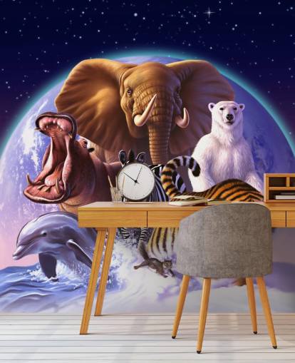 Muurschildering over olifanten en andere dieren