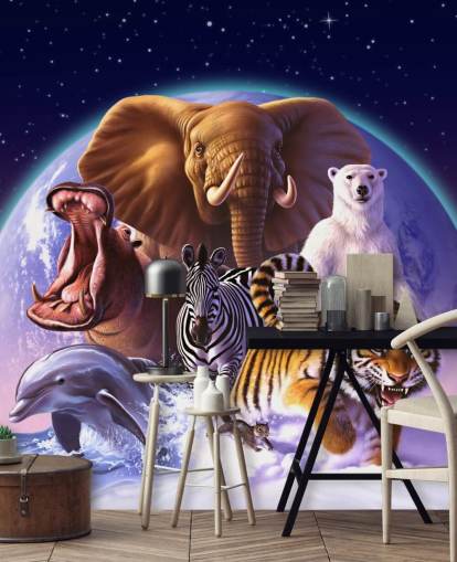 Mural de montaje de elefantes y otros animales