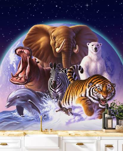 Decorazione murale con elefanti e altri animali