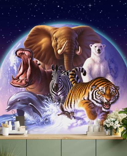 Mural de montaje de elefantes y otros animales