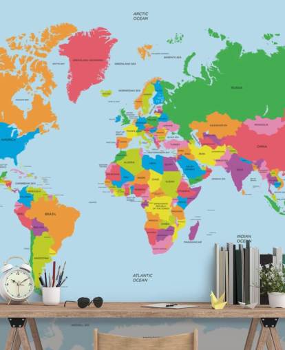 Politieke kaart van de wereld Kleurrijke muurschildering met kaart