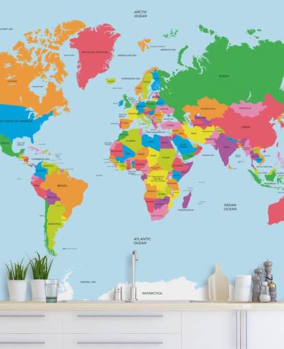 Politisk kart over verden Fargerik kartveggmaleri