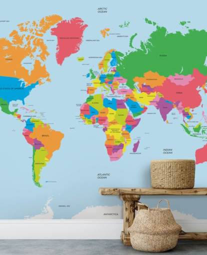 Politieke kaart van de wereld Kleurrijke muurschildering met kaart